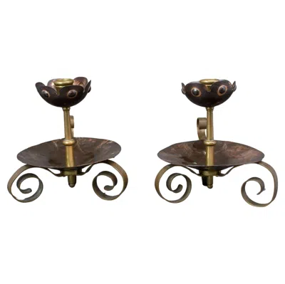 Pre-owned Benham & Froud . Pair Of Arts & Crafts Copper Night Candle Holder W. Flower Head In Black