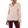 Benjamin Benmoyal Ladies Beige Stiped Linen V Collar Shirt In Neutral