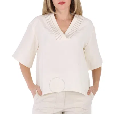 Benjamin Benmoyal Ladies Upcycled Silk / Linen V-neck Short Sleeved Top In White
