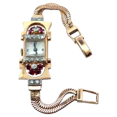 Pre-owned Benrus 14k Rose Gold Ladies Deco Watch Rubies And Diamonds In Red