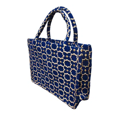 Berber Leather Women's Moroccan Geometric Print Fabric Tote Bag In Blue