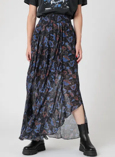 Berenice Smocked Cut Long Skirt In Black/blue Floral In Red