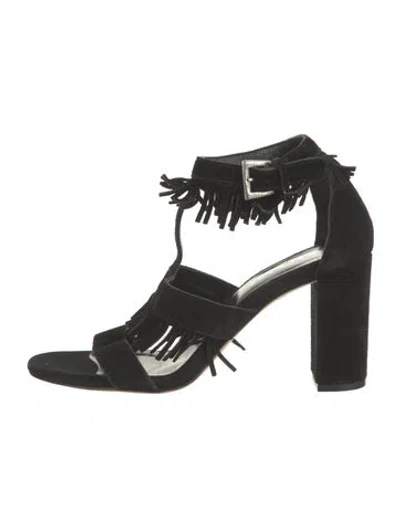 Pre-owned Berenice Suede Fringe Trim Accent Sandals In Black