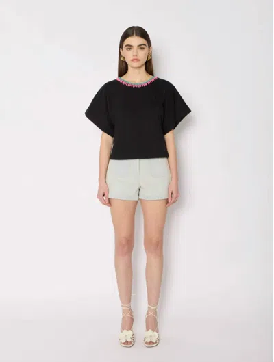 Berenice Tember Crew Neck Tee With Contrast Neck Embroidery In Black