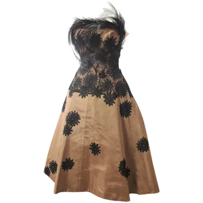 Pre-owned Bergdorf Goodman 1950s  Cocoa Silk Cocktail Dress W Lace Applique And Feathers In Brown