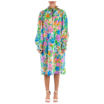 Pre-owned Bergdorf Goodman 1960s  White Cotton Purple And Blue Floral Dress With Sleeves
