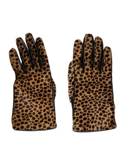 Pre-owned Bergdorf Goodman Animal Print Leather Gloves In Brown