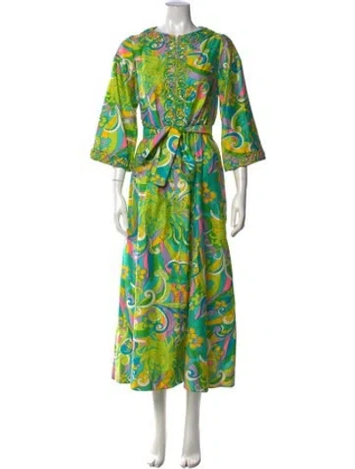 Pre-owned Bergdorf Goodman Floral Print Long Dress In Green