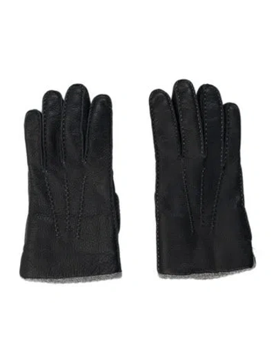 Pre-owned Bergdorf Goodman Leather Gloves With Wool Lining In Black
