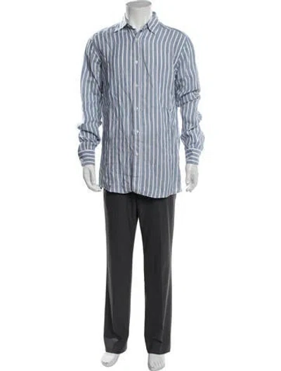 Pre-owned Bergdorf Goodman Linen Striped Dress Shirt In Blue