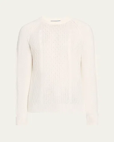 Bergdorf Goodman Men's Aran Linen-cashmere Sweater In White