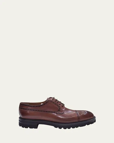 Bergdorf Goodman Men's Brogue Leather Lug-sole Derby Shoes In Red Brown