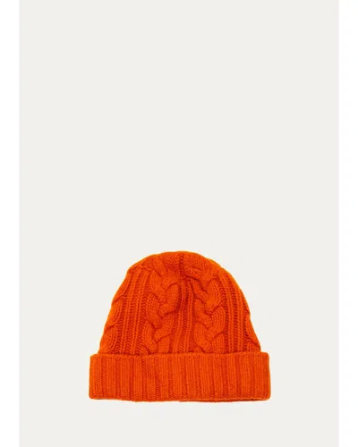 Bergdorf Goodman Men's Cable-knit Cuffed Cashmere Beanie Hat In Orange