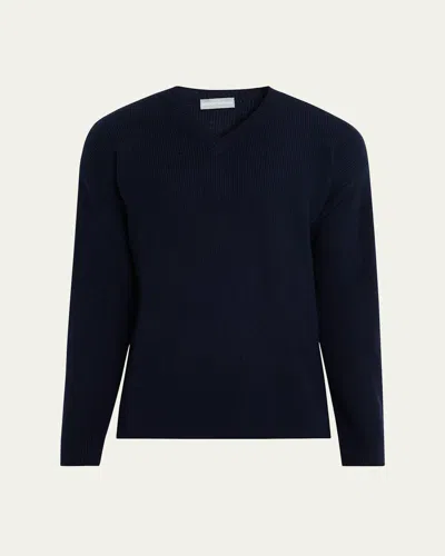 Bergdorf Goodman Men's Cashmere And Wool Rib V-neck Sweater In Blue