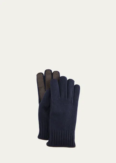 Bergdorf Goodman Men's Cashmere Jersey Gloves W/ Deerskin Palms In Blue/black