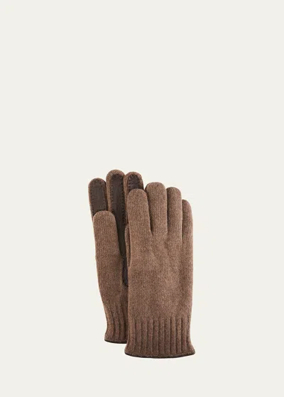 Bergdorf Goodman Men's Cashmere Jersey Gloves W/ Deerskin Palms In Haystack