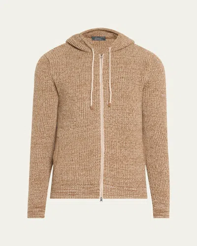 Bergdorf Goodman Men's Cashmere Rib Full-zip Hoodie In Vicunabeige