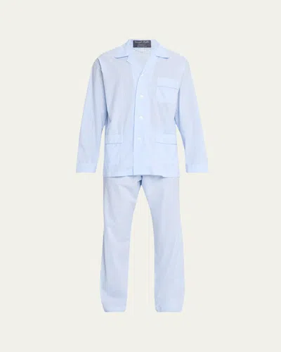 Bergdorf Goodman Men's Cotton And Linen Micro-check Long Pajama Set In Blue