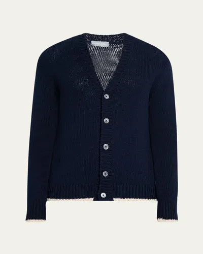 Bergdorf Goodman Men's Cotton Contrast-trim Cardigan In Navy