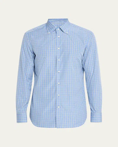 Bergdorf Goodman Men's Cotton Grid Check Button-collar Sport Shirt In Blue