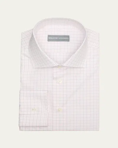 Bergdorf Goodman Men's Cotton Grid Check Spread Collar Dress Shirt In White