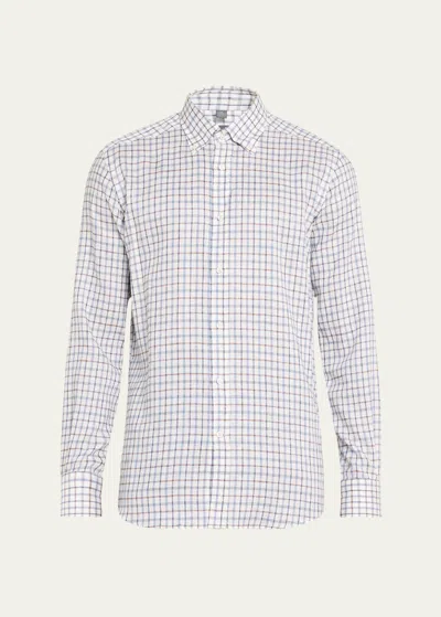 Bergdorf Goodman Men's Linen Check-print Sport Shirt In Wht Blu Brn