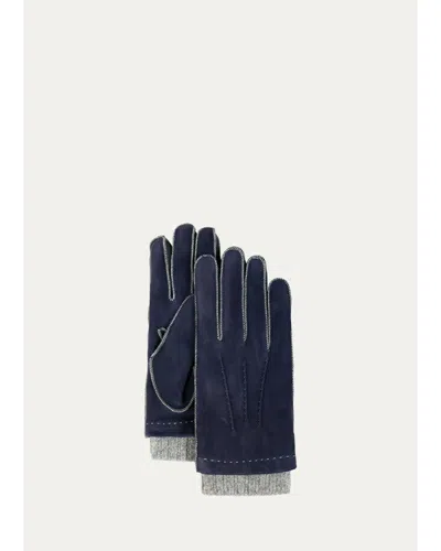 Bergdorf Goodman Men's Nabuk Stitch Leather & Cashmere Gloves In Blue