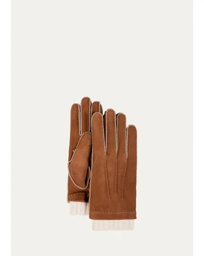 Bergdorf Goodman Men's Nabuk Stitch Leather & Cashmere Gloves In Transparent