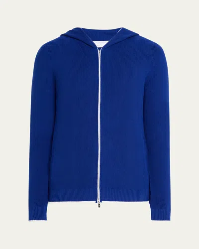 Bergdorf Goodman Men's Rib-knit Hooded Zip Sweater In Blupat