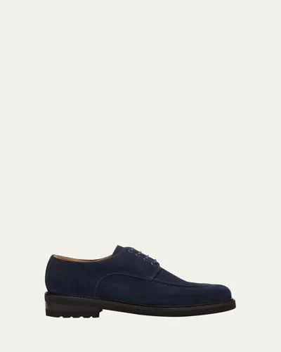Bergdorf Goodman Men's Suede Apron-toe Derby Shoes In Blue