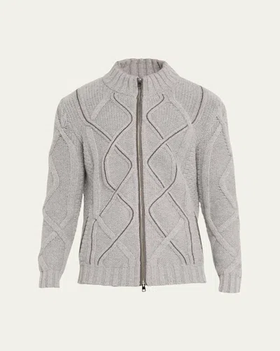 Bergdorf Goodman Men's Wool-cashmere Cable Knit Full-zip Sweater In Grey