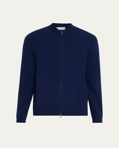 Bergdorf Goodman Men's Wool Full-zip Baseball-collar Sweater In Blue