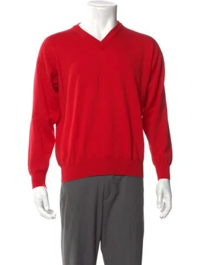 Pre-owned Bergdorf Goodman Merino Wool V-neck Pullover In Red