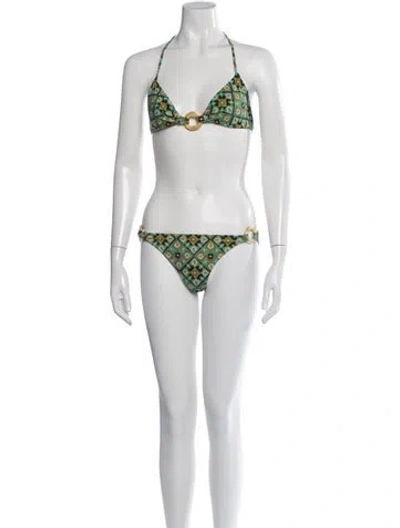 Pre-owned Bergdorf Goodman Patterned Keyhole Accent Bikini In Green