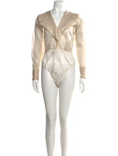 Pre-owned Bergdorf Goodman Silk V-neck Bodysuit In Neutrals