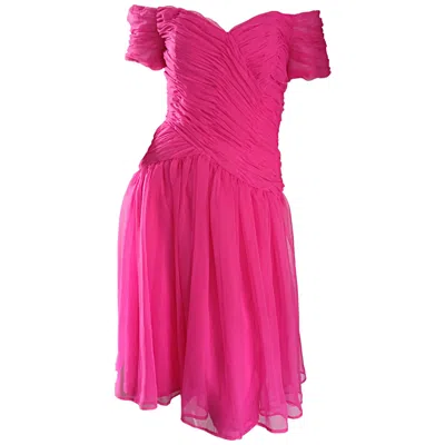 Pre-owned Bergdorf Goodman Victor Costa 80s  Vintage Hot Pink Chiffon Off - Shoulder Dress