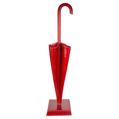 Pre-owned Bergdorf Goodman Vintage  Embossed Faux Crocodile Leather Umbrella Stand In Red