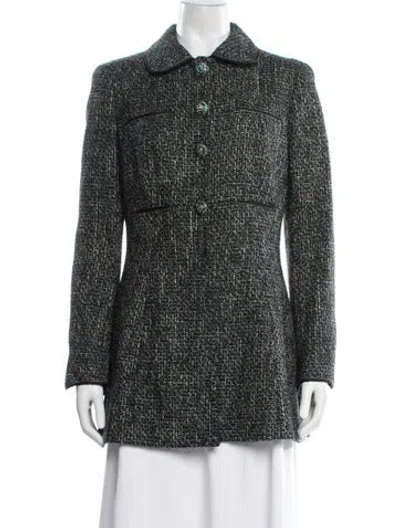 Pre-owned Bergdorf Goodman Virgin Wool Tweed Pattern Coat In Green