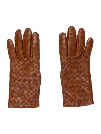 Pre-owned Bergdorf Goodman Woven Leather Gloves In Brown