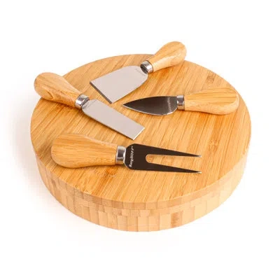 Berghoff , 5pc Round Covered Cheese Board Set With 4pc Cheese Knife Set, 8.7 X 1.5" In Brown