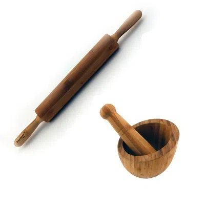 Berghoff Bamboo 2 Piece Food Preparation Set With Garlic Bowl And Rolling Pin In Brown