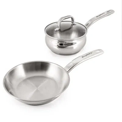 Berghoff Belly Shape 3pc 18/10 Stainless Steel Fry Pan & Saucepan Cookware Set With Glass Lid In Silver