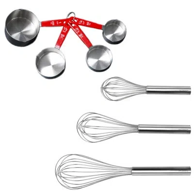 Berghoff Essentials 7pc Stainless Steel Bake Set: 3pc Whisk Set And 4pc Measuring Cup Set In Silver