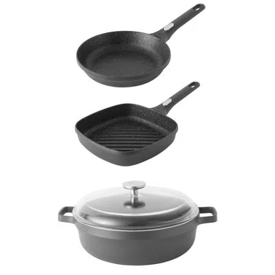 Berghoff Gem 4pc Non-stick Cast Aluminum Cookware Set With Fry, Grill, And Saute Pan In Black