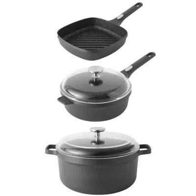 Berghoff Gem 5pc Non-stick Cast Aluminum Cookware Set With Grill Pan, Saute Pan, And Stockpot In Black
