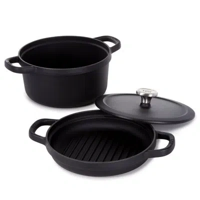 Berghoff Graphite 3pc Cast Iron Enamel Cookware Set, Covered Dutch Oven And Grill Pan In Black