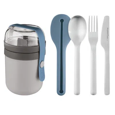 Berghoff Leo 5pc Travel Lunch Set,dual Pot 0.5qt., Reusable Flatware Set, Blue In Blue;gray