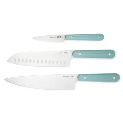 Berghoff Leo Balance 3pc Stainless Steel Cutlery Set With Chef, Paring, And Santoku Knife, Slate In Teal