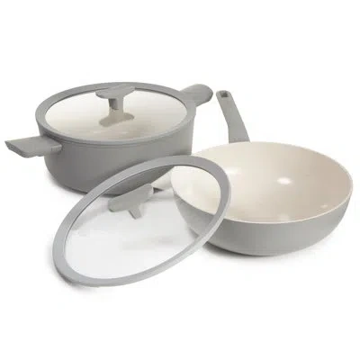 Berghoff Leo Balance 4pc Non-stick Ceramic Stockpot And Wok Pan Set With Glass Lids, Moonmist In Grey