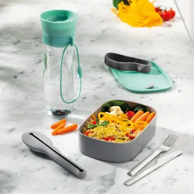 Berghoff Leo Water Bottle, Flatware & Bento Box Lunch Set, Green In Gray,clear